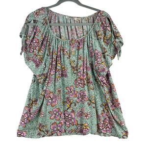 Cure Tie Slit Sleeve Floral Peasant Blouse Women's 2X Cottage Feminine Rayon